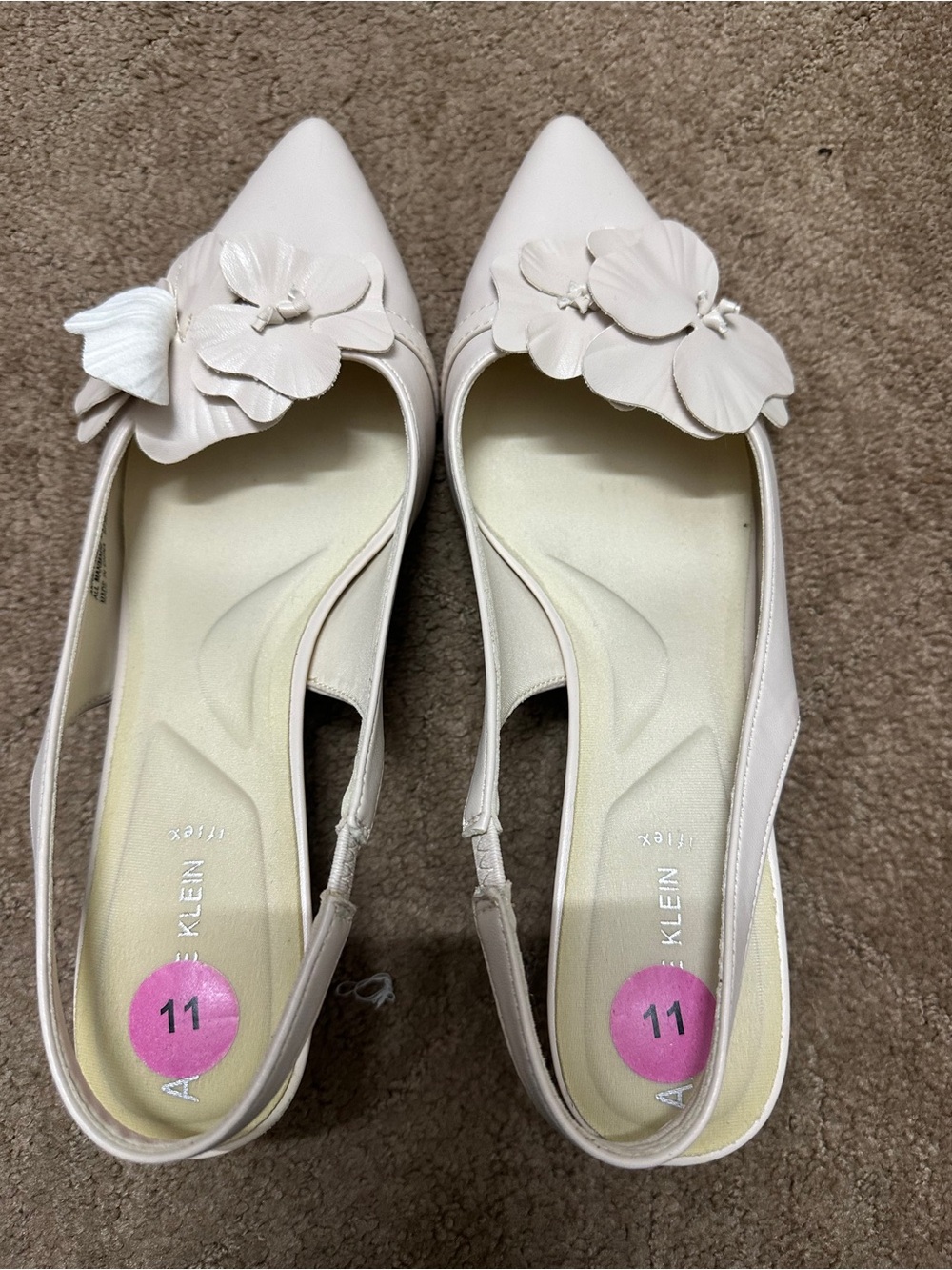 Anne Klein Cream Pointed Toe Slingback Flats with Floral Applique